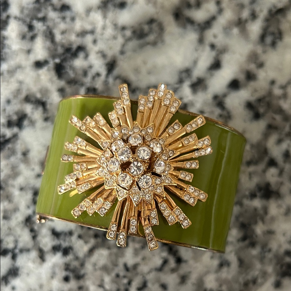 Green Enamel Cuff Bracelet with Gold Crystal Burst
